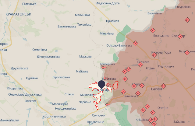 Окупанти прорвалися в оборонні позиції поблизу Часового Яру, проте ситуація залишається під контролем, повідомляють Збройні Сили України.